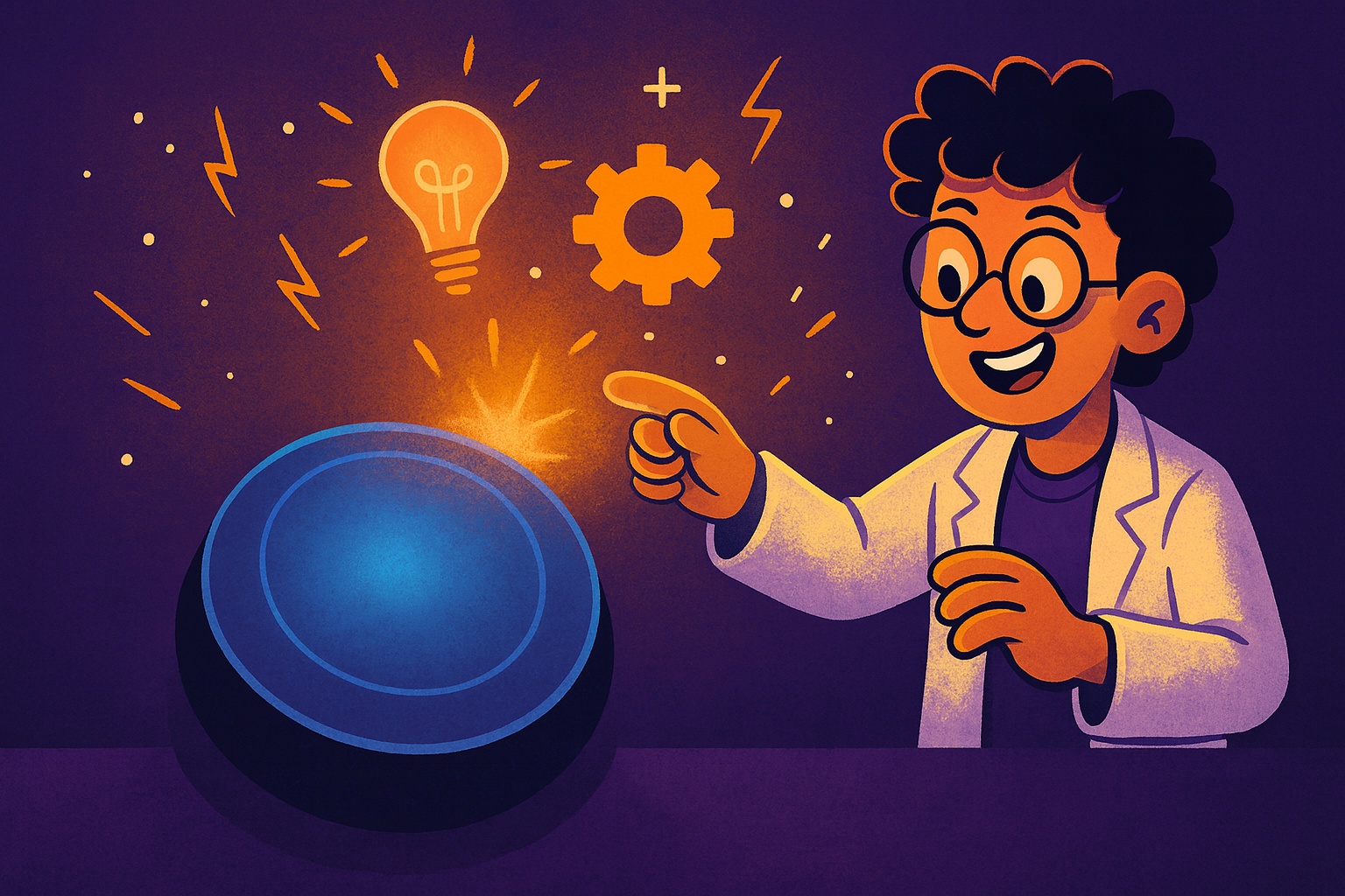 Playful illustration of a maker wiring colorful buttons to glowing cables